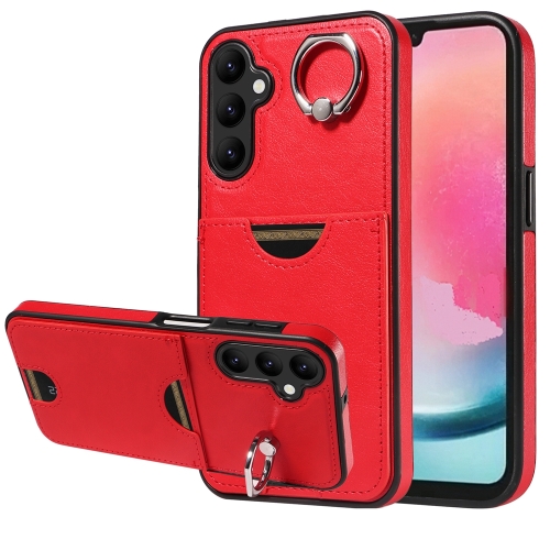 

For Samsung Galaxy A24 4G Calf Texture Card Slot Ring Holder Phone Case(Red)