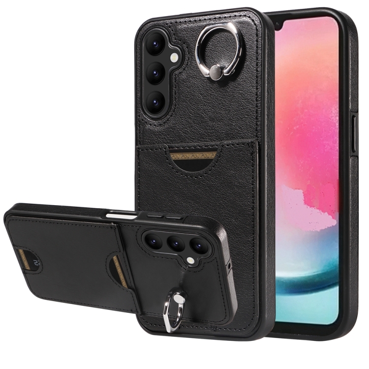 

For Samsung Galaxy A24 4G Calf Texture Card Slot Ring Holder Phone Case(Black)