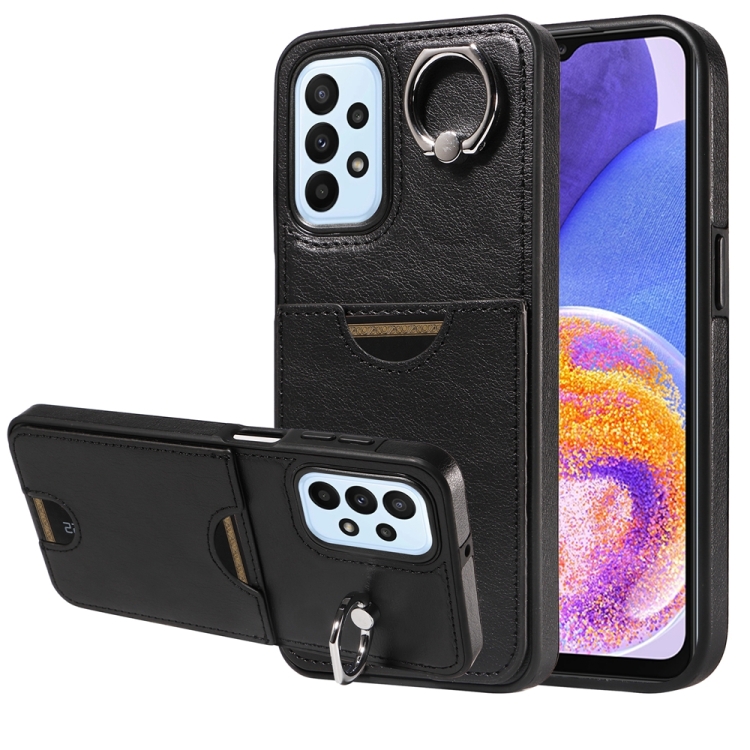 

For Samsung Galaxy A23 Calf Texture Card Slot Ring Holder Phone Case(Black)