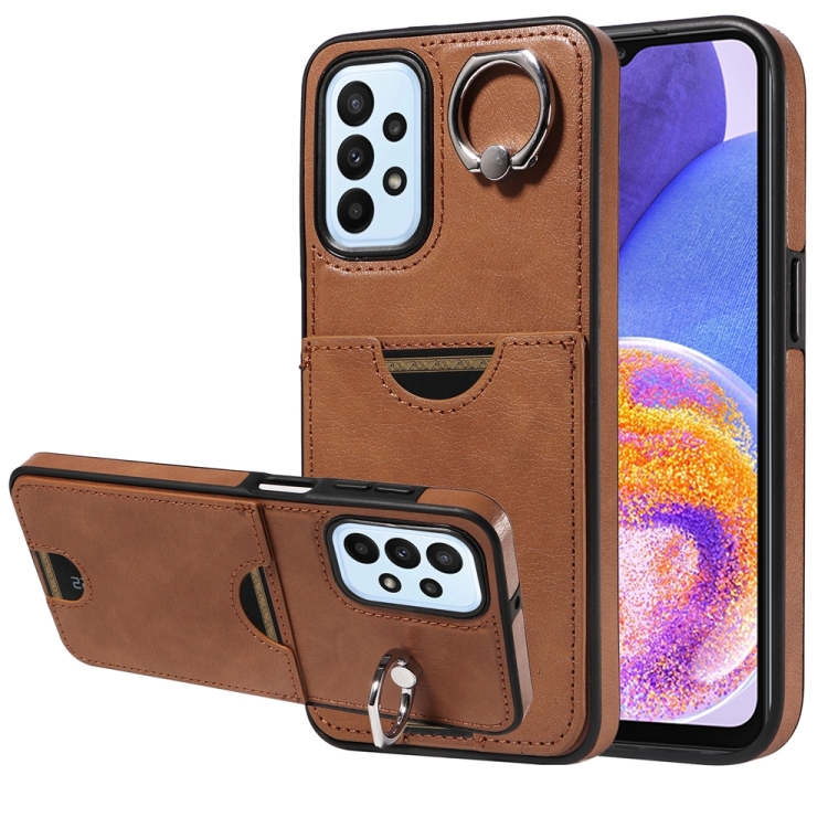 

For Samsung Galaxy A23 Calf Texture Card Slot Ring Holder Phone Case(Brown)