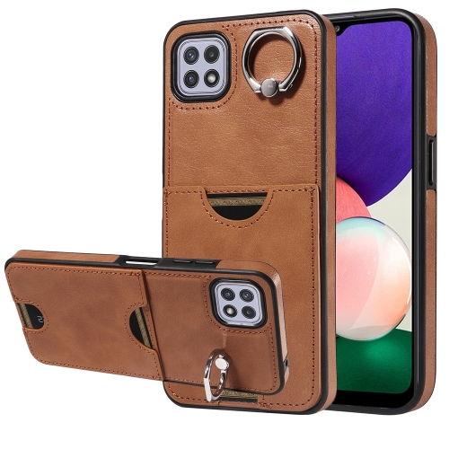 

For Samsung Galaxy A22 5G Calf Texture Card Slot Ring Holder Phone Case(Brown)
