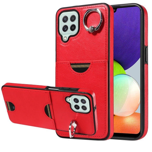 

For Samsung Galaxy A22 4G Calf Texture Card Slot Ring Holder Phone Case(Red)