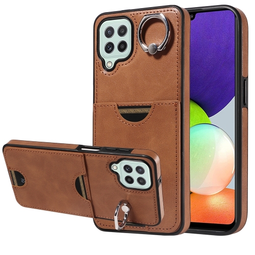 

For Samsung Galaxy A22 4G Calf Texture Card Slot Ring Holder Phone Case(Brown)