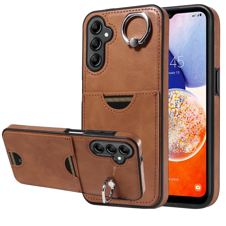 

For Samsung Galaxy A14 4G / 5G Calf Texture Card Slot Ring Holder Phone Case(Brown)