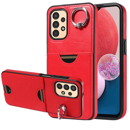 

For Samsung Galaxy A13 4G Calf Texture Card Slot Ring Holder Phone Case(Red)