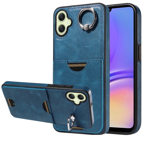 

For Samsung Galaxy A05 Calf Texture Card Slot Ring Holder Phone Case(Blue)