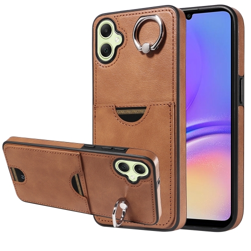 

For Samsung Galaxy A05 Calf Texture Card Slot Ring Holder Phone Case(Brown)