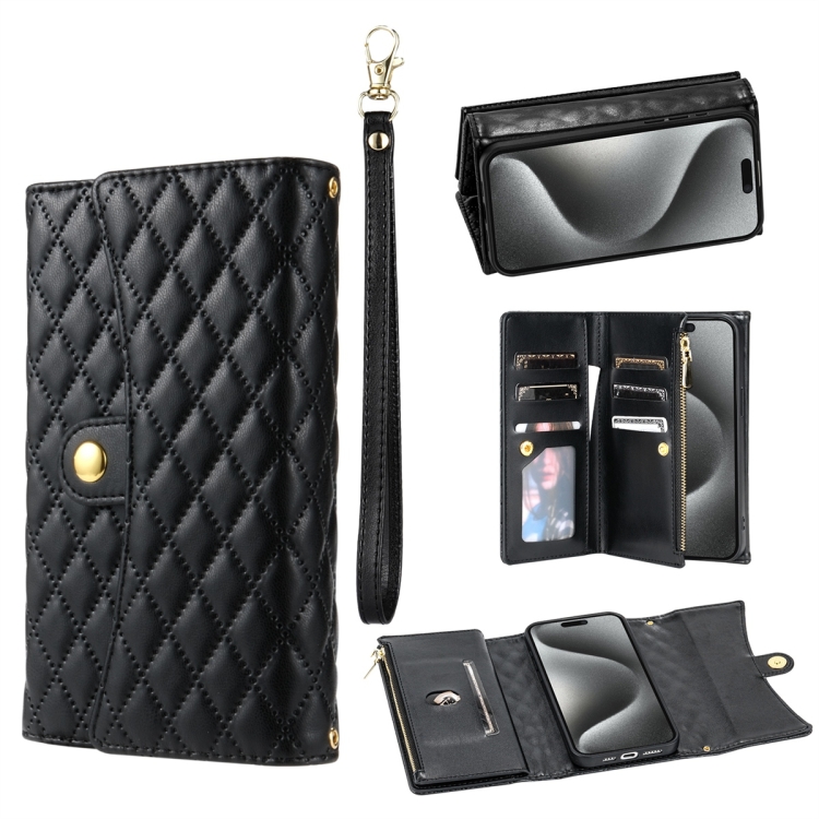 

For iPhone 15 Pro Zipper Multi-Card Wallet Rhombic Leather Phone Case(Black)