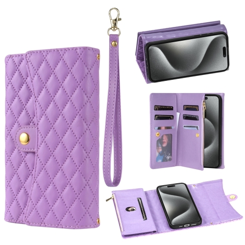 

For iPhone 15 Pro Zipper Multi-Card Wallet Rhombic Leather Phone Case(Purple)