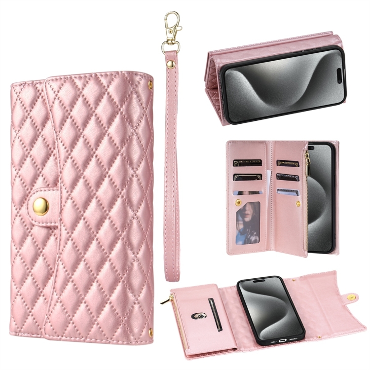 

For iPhone 15 Pro Zipper Multi-Card Wallet Rhombic Leather Phone Case(Rose Gold)