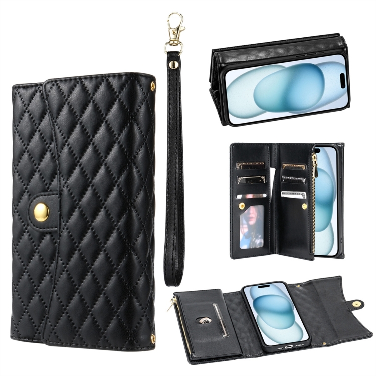 

For iPhone 15 Plus Zipper Multi-Card Wallet Rhombic Leather Phone Case(Black)
