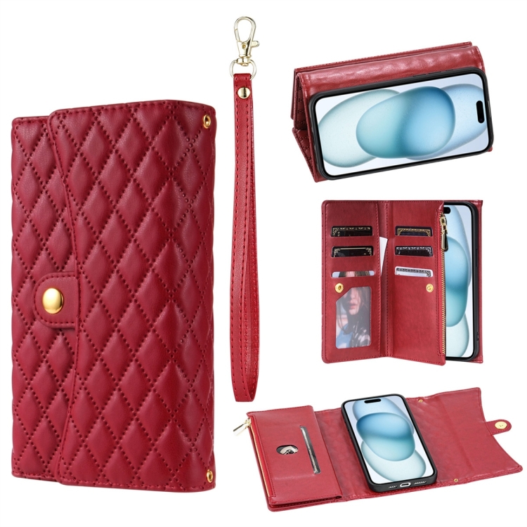 

For iPhone 15 Plus Zipper Multi-Card Wallet Rhombic Leather Phone Case(Red)