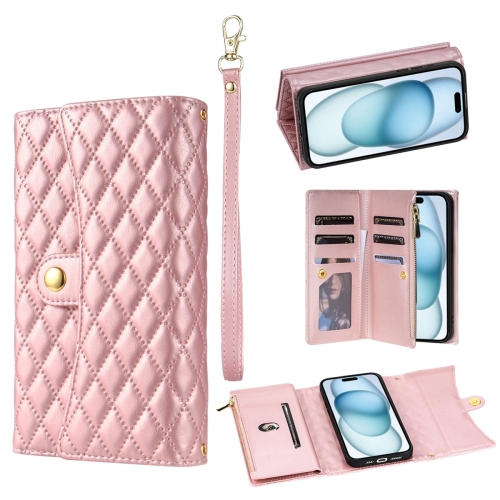 

For iPhone 15 Plus Zipper Multi-Card Wallet Rhombic Leather Phone Case(Rose Gold)