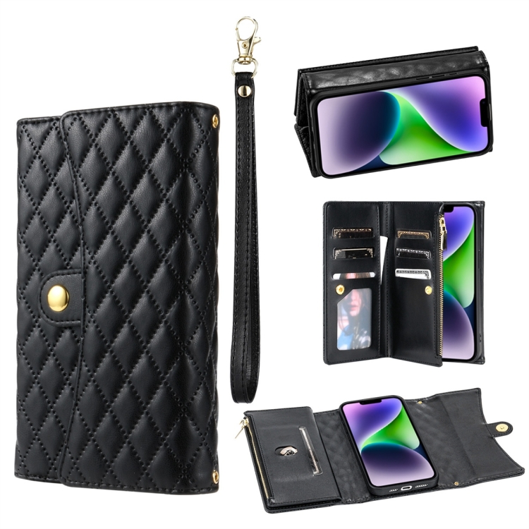 

For iPhone 14 Zipper Multi-Card Wallet Rhombic Leather Phone Case(Black)