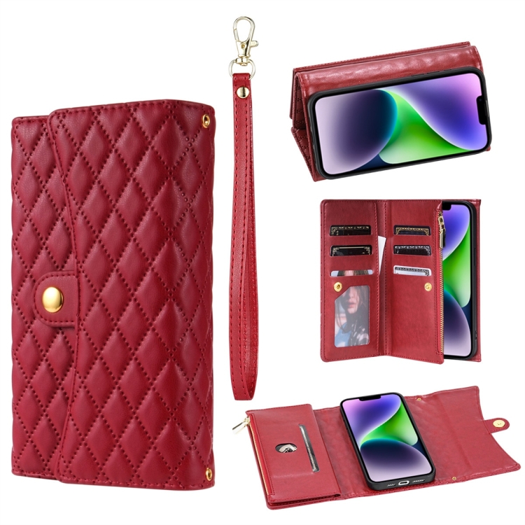 

For iPhone 14 Zipper Multi-Card Wallet Rhombic Leather Phone Case(Red)