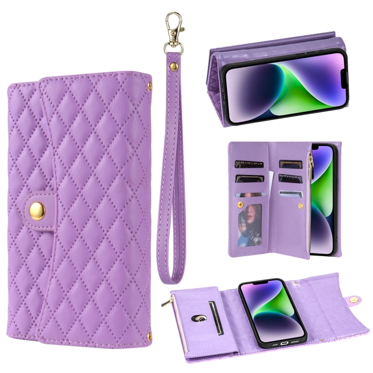 

For iPhone 14 Plus Zipper Multi-Card Wallet Rhombic Leather Phone Case(Purple)