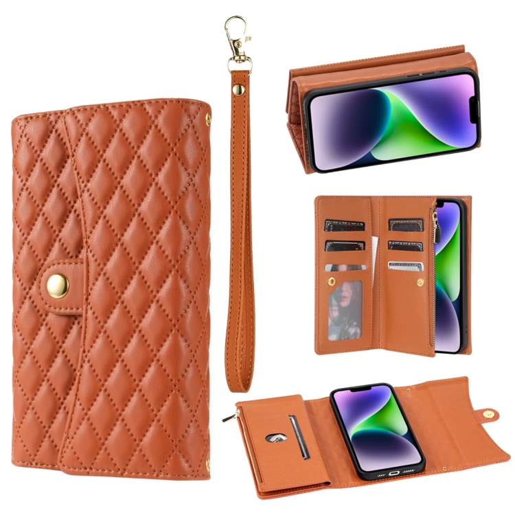 

For iPhone 14 Plus Zipper Multi-Card Wallet Rhombic Leather Phone Case(Brown)