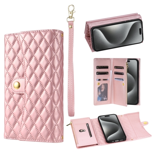 

For iPhone 14 Pro Zipper Multi-Card Wallet Rhombic Leather Phone Case(Rose Gold)