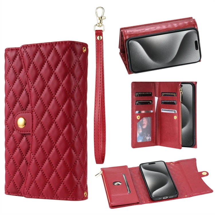 

For iPhone 14 Pro Max Zipper Multi-Card Wallet Rhombic Leather Phone Case(Red)