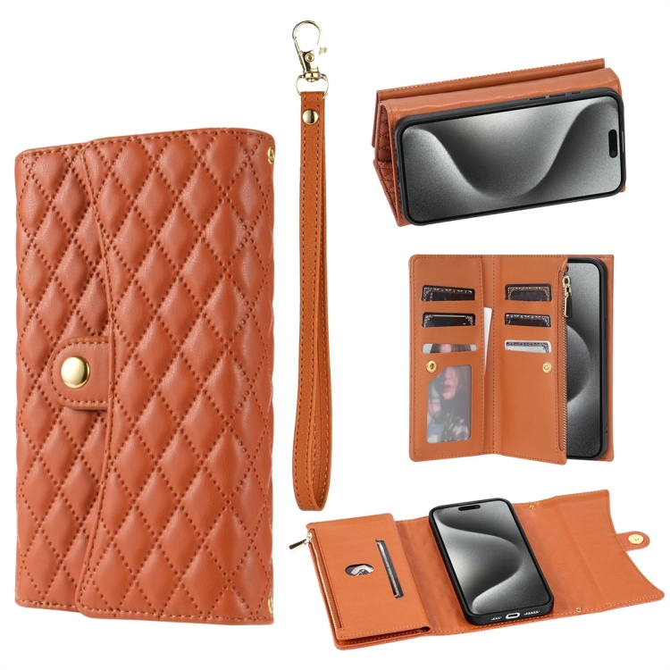 

For iPhone 14 Pro Max Zipper Multi-Card Wallet Rhombic Leather Phone Case(Brown)