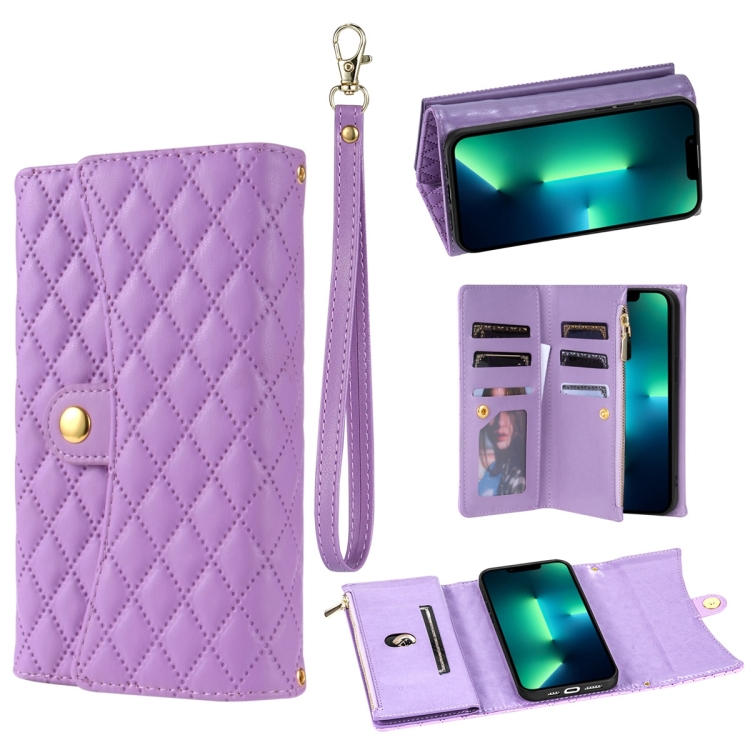 

For iPhone 13 Pro Max Zipper Multi-Card Wallet Rhombic Leather Phone Case(Purple)