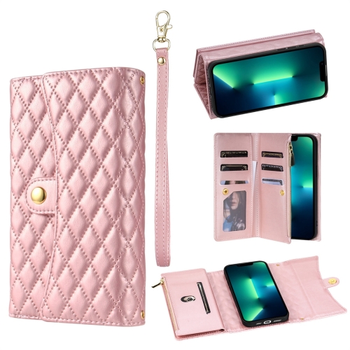 

For iPhone 13 Pro Max Zipper Multi-Card Wallet Rhombic Leather Phone Case(Rose Gold)