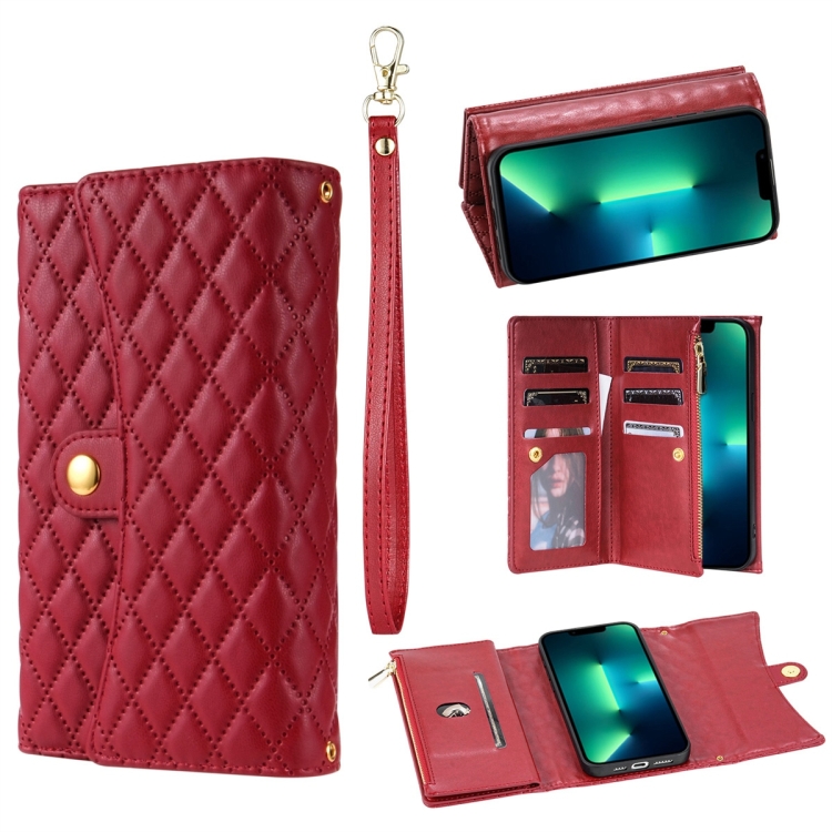 

For iPhone 13 Pro Zipper Multi-Card Wallet Rhombic Leather Phone Case(Red)