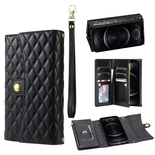 

For iPhone 12 / 12 Pro Zipper Multi-Card Wallet Rhombic Leather Phone Case(Black)