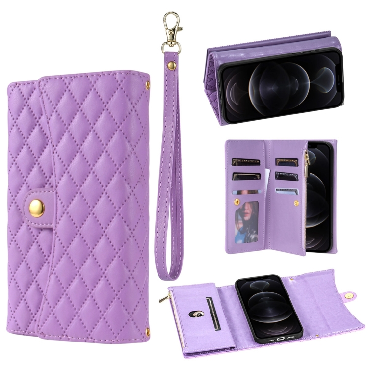 

For iPhone 12 Pro Max Zipper Multi-Card Wallet Rhombic Leather Phone Case(Purple)