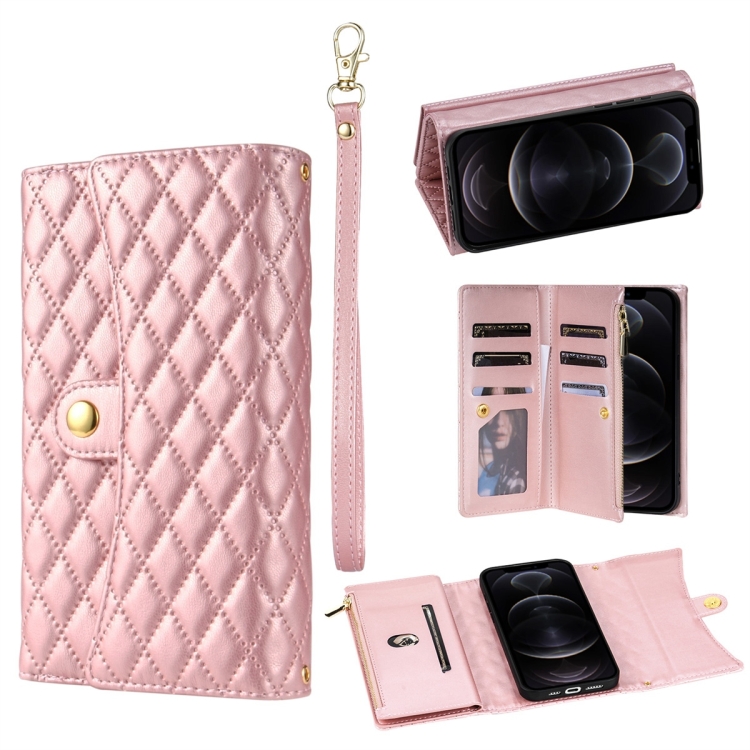 

For iPhone 12 Pro Max Zipper Multi-Card Wallet Rhombic Leather Phone Case(Rose Gold)
