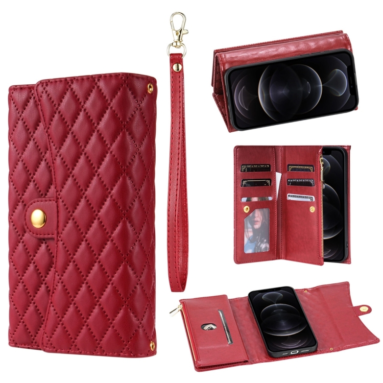 

For iPhone 11 Pro Max Zipper Multi-Card Wallet Rhombic Leather Phone Case(Red)