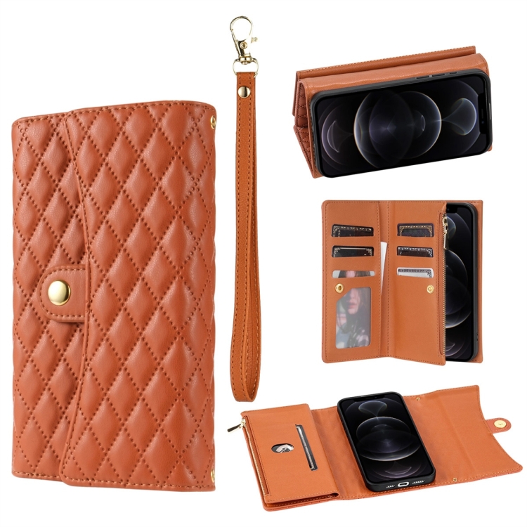 

For iPhone 11 Pro Max Zipper Multi-Card Wallet Rhombic Leather Phone Case(Brown)
