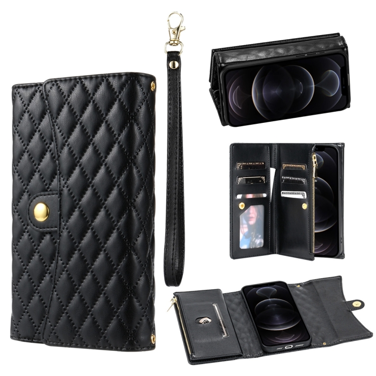 

For iPhone 11 Pro Zipper Multi-Card Wallet Rhombic Leather Phone Case(Black)