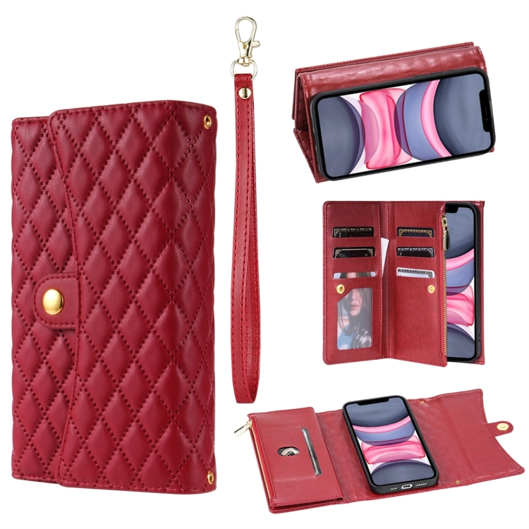 

For iPhone 11 Zipper Multi-Card Wallet Rhombic Leather Phone Case(Red)