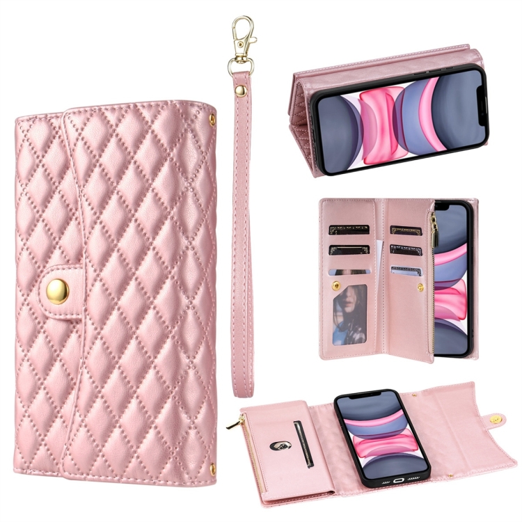 

For iPhone 11 Zipper Multi-Card Wallet Rhombic Leather Phone Case(Rose Gold)