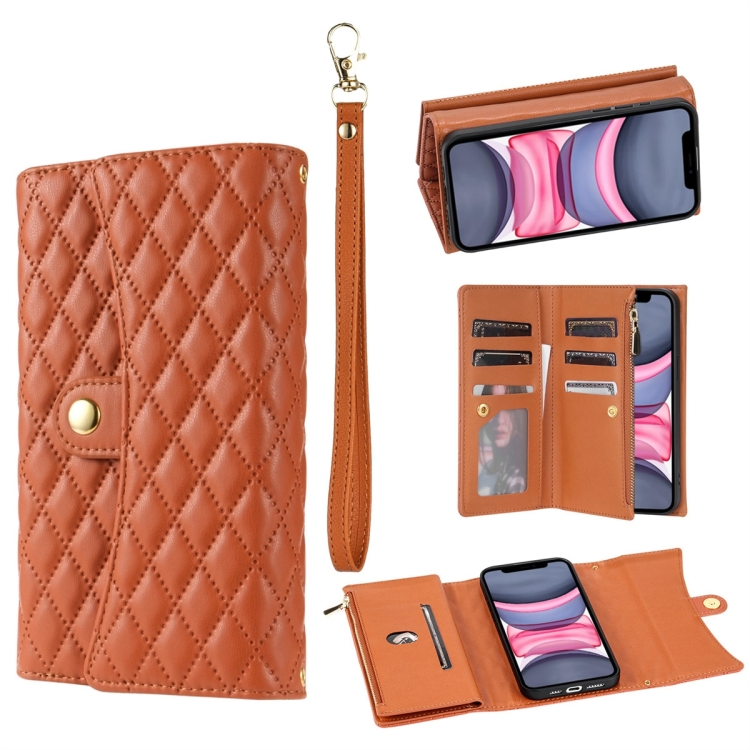 

For iPhone 11 Zipper Multi-Card Wallet Rhombic Leather Phone Case(Brown)