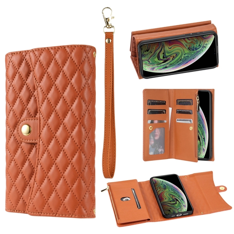 

For iPhone XR Zipper Multi-Card Wallet Rhombic Leather Phone Case(Brown)