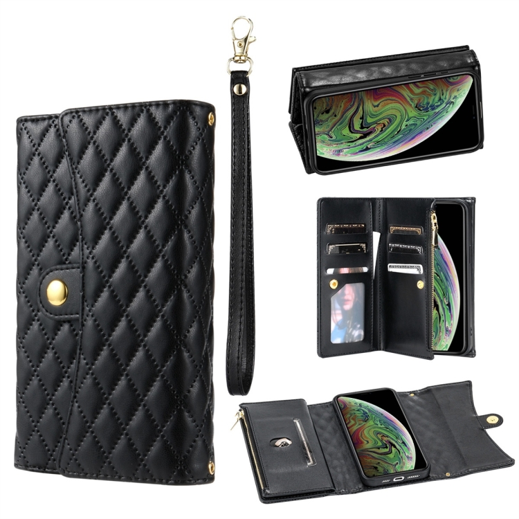 

For iPhone XS Max Zipper Multi-Card Wallet Rhombic Leather Phone Case(Black)