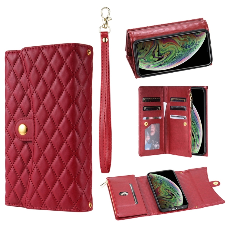 

For iPhone XS Max Zipper Multi-Card Wallet Rhombic Leather Phone Case(Red)