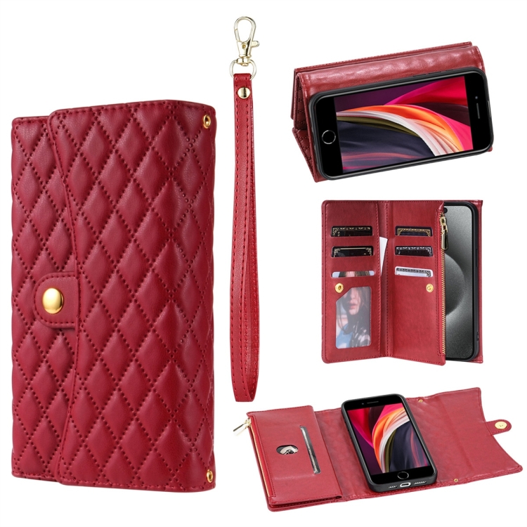 

For iPhone 7 / 8 / SE 2022 Zipper Multi-Card Wallet Rhombic Leather Phone Case(Red)