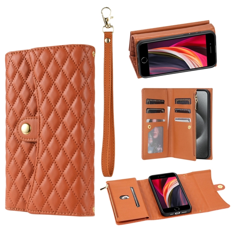 

For iPhone 7 / 8 / SE 2022 Zipper Multi-Card Wallet Rhombic Leather Phone Case(Brown)