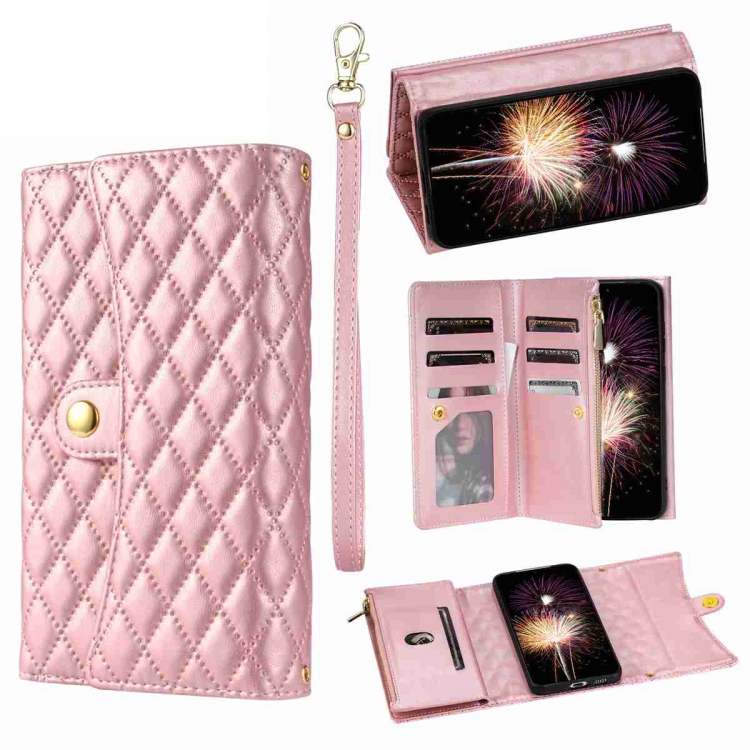 

For Xiaomi Redmi Note 12 5G Zipper Multi-Card Wallet Rhombic Leather Phone Case(Rose Gold)