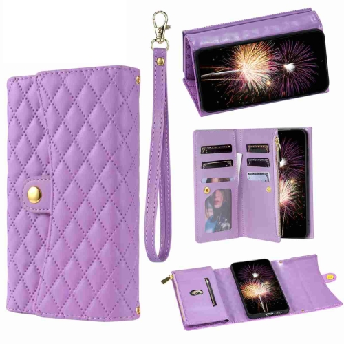 

For Xiaomi Redmi Note 12 Pro 5G Zipper Multi-Card Wallet Rhombic Leather Phone Case(Purple)