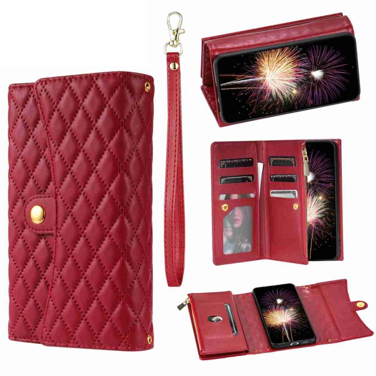 

For Xiaomi Redmi Note 12 4G Zipper Multi-Card Wallet Rhombic Leather Phone Case(Red)