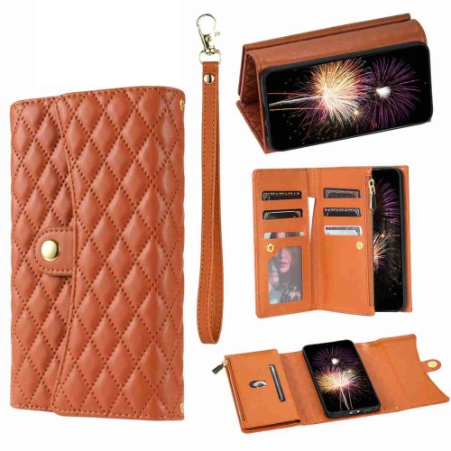 

For Xiaomi Redmi Note 12 4G Zipper Multi-Card Wallet Rhombic Leather Phone Case(Brown)