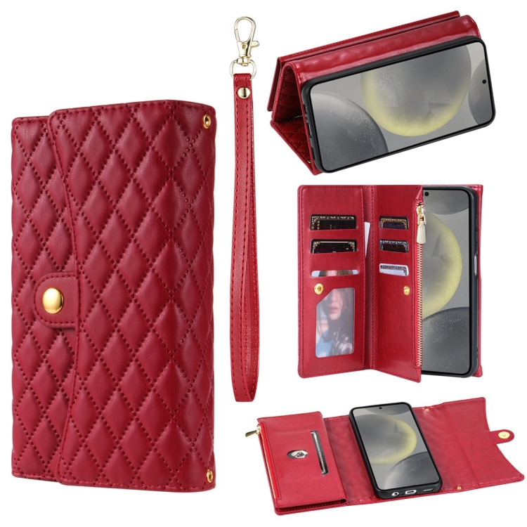 

For Samsung Galaxy S24 5G Zipper Multi-Card Wallet Rhombic Leather Phone Case(Red)