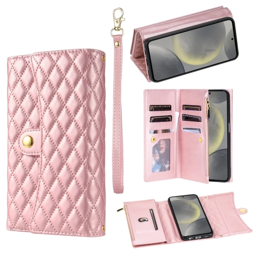 

For Samsung Galaxy S23 FE 5G Zipper Multi-Card Wallet Rhombic Leather Phone Case(Rose Gold)