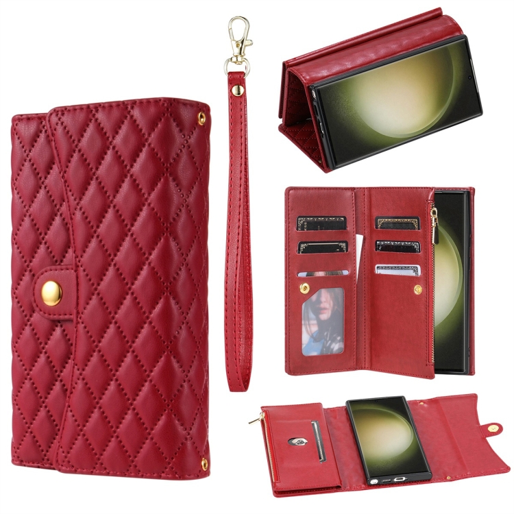 

For Samsung Galaxy S23 Ultra 5G Zipper Multi-Card Wallet Rhombic Leather Phone Case(Red)