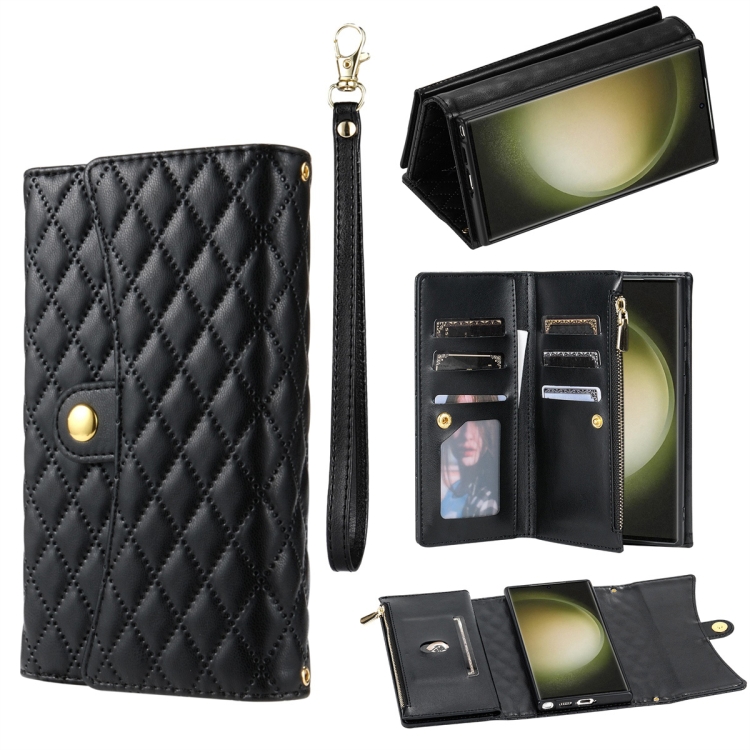 

For Samsung Galaxy S22 Ultra 5G Zipper Multi-Card Wallet Rhombic Leather Phone Case(Black)