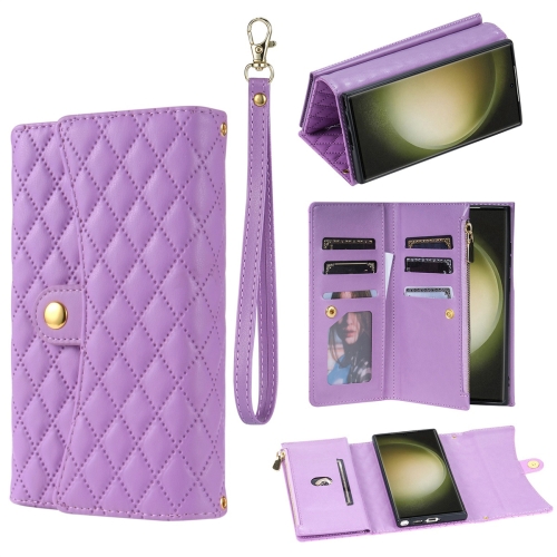 

For Samsung Galaxy S22 Ultra 5G Zipper Multi-Card Wallet Rhombic Leather Phone Case(Purple)